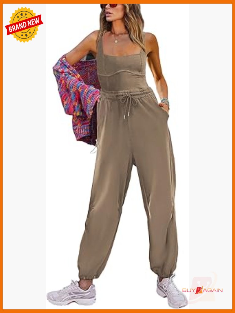 Sleeveless One Piece Jumpsuit Square Neck Elastic Waist Bodycon Pockets